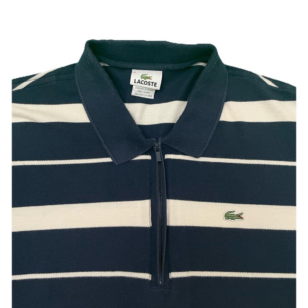Lacoste 1/4 Zip Striped Polo Shirt Size 8 Navy Blue White Preppy